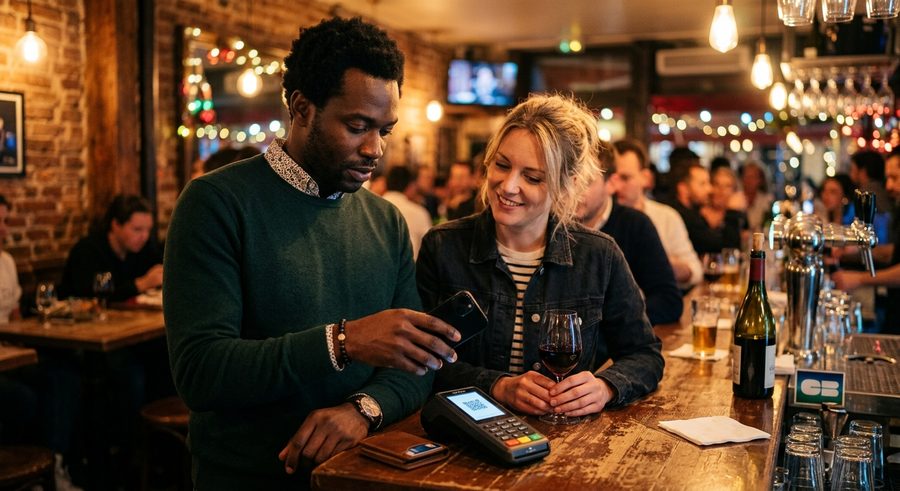 Deux amis dans un bar, l'un payant l'addition avec son téléphone